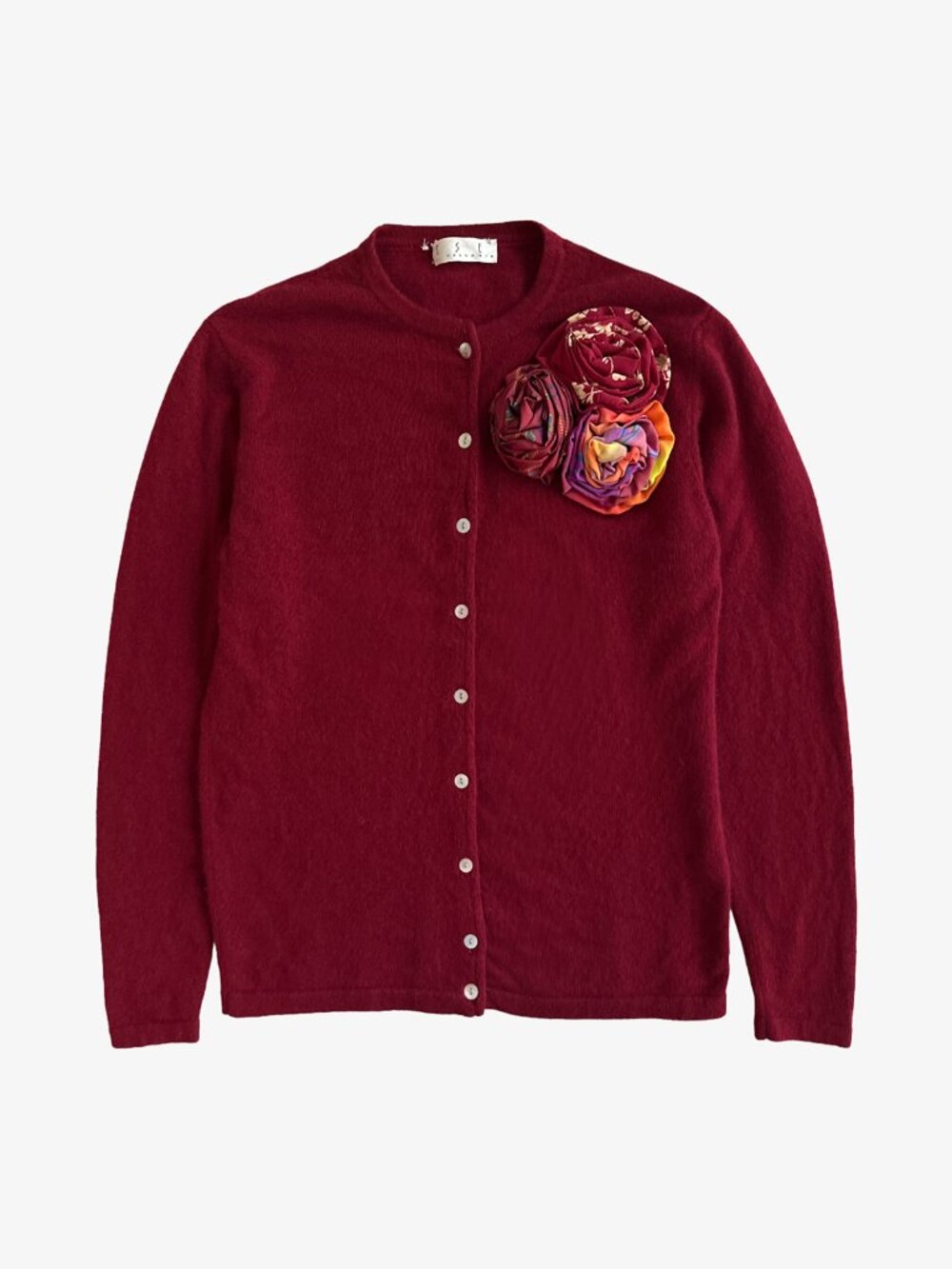 Vintage 90's Red Maroon Button-Up Floral Applique Cashmere Cardigan by TSE